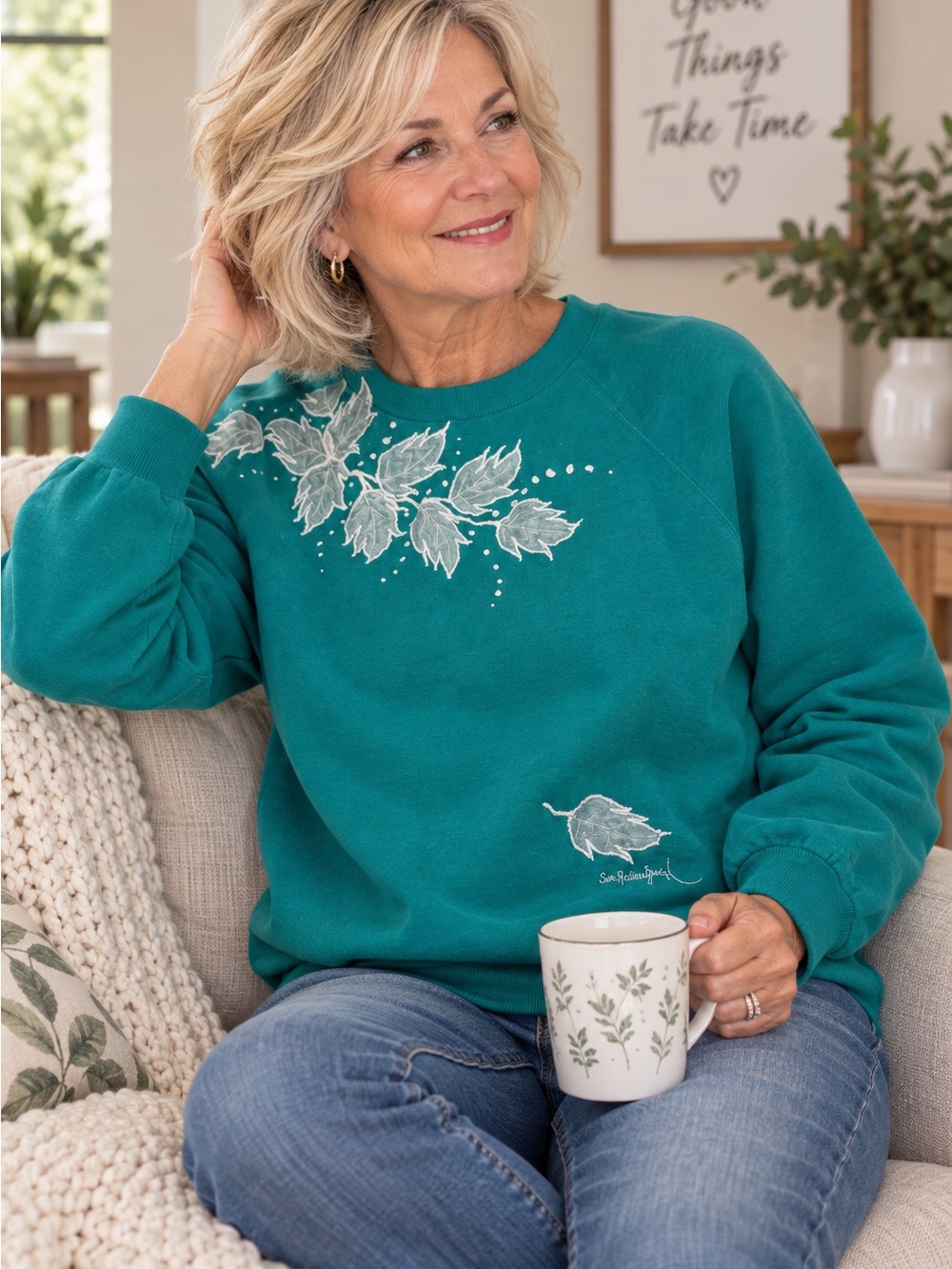 Vintage Hanes Teal Crewneck Sweater with White Leaf Motif Sz M